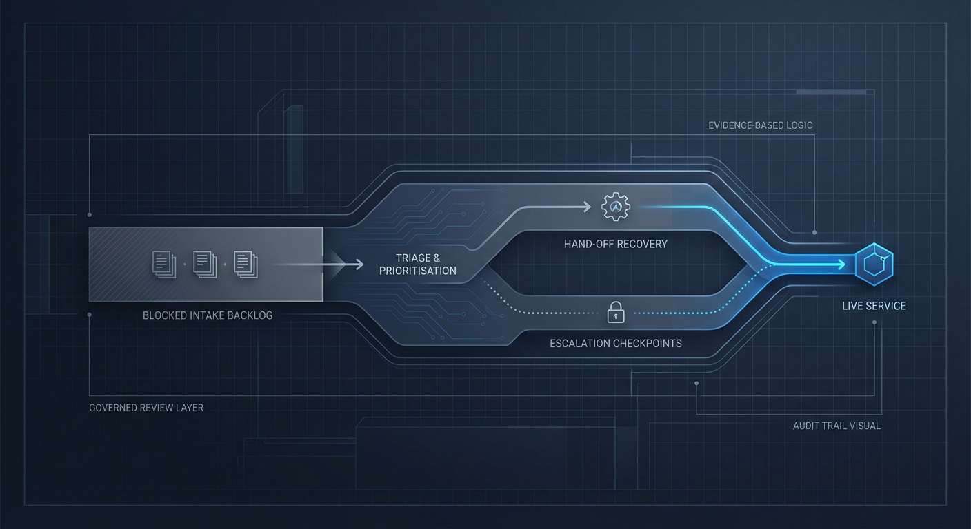 Technical illustration showing service flow recovery and escalation checkpoints.