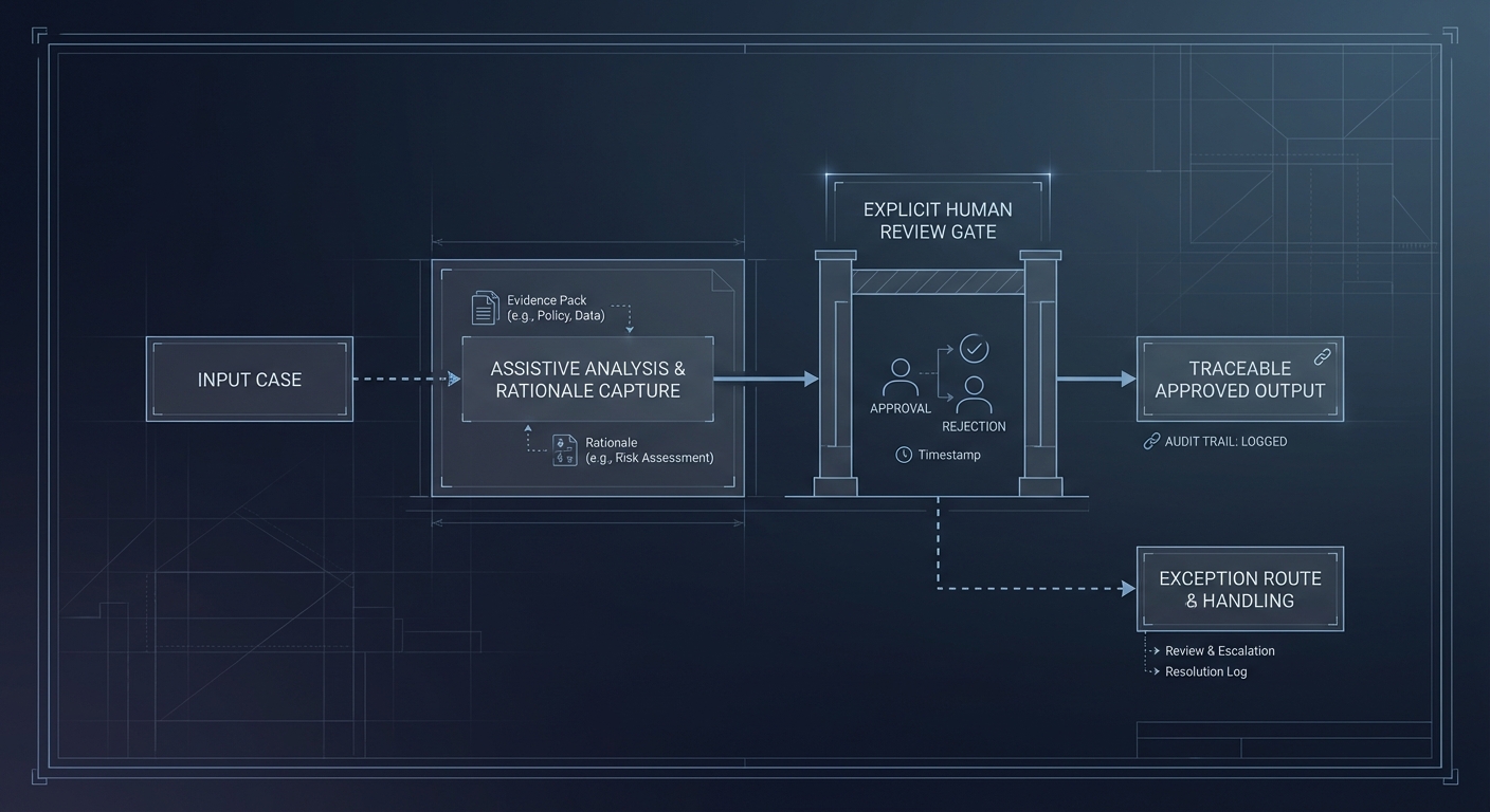 Technical illustration showing assistive workflow with visible review gates.