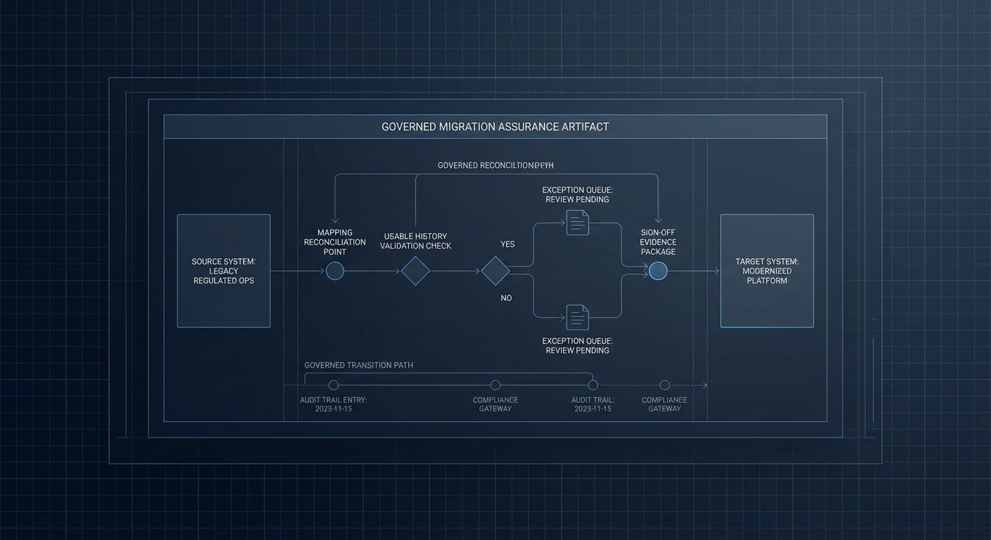 Technical illustration showing migration assurance and usable history evidence.