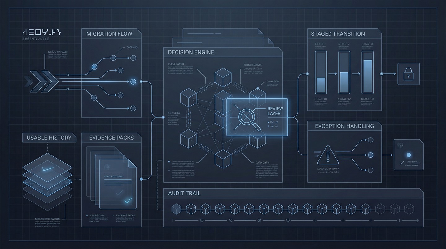 Technical illustration showing governed migration and usable history.
