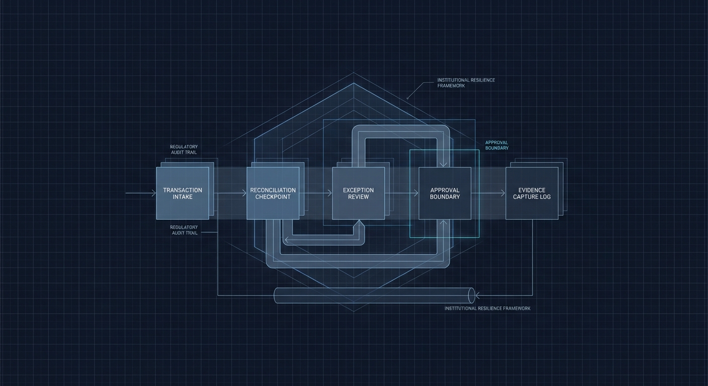 Technical illustration showing structured evidence and approvals in financial operations.