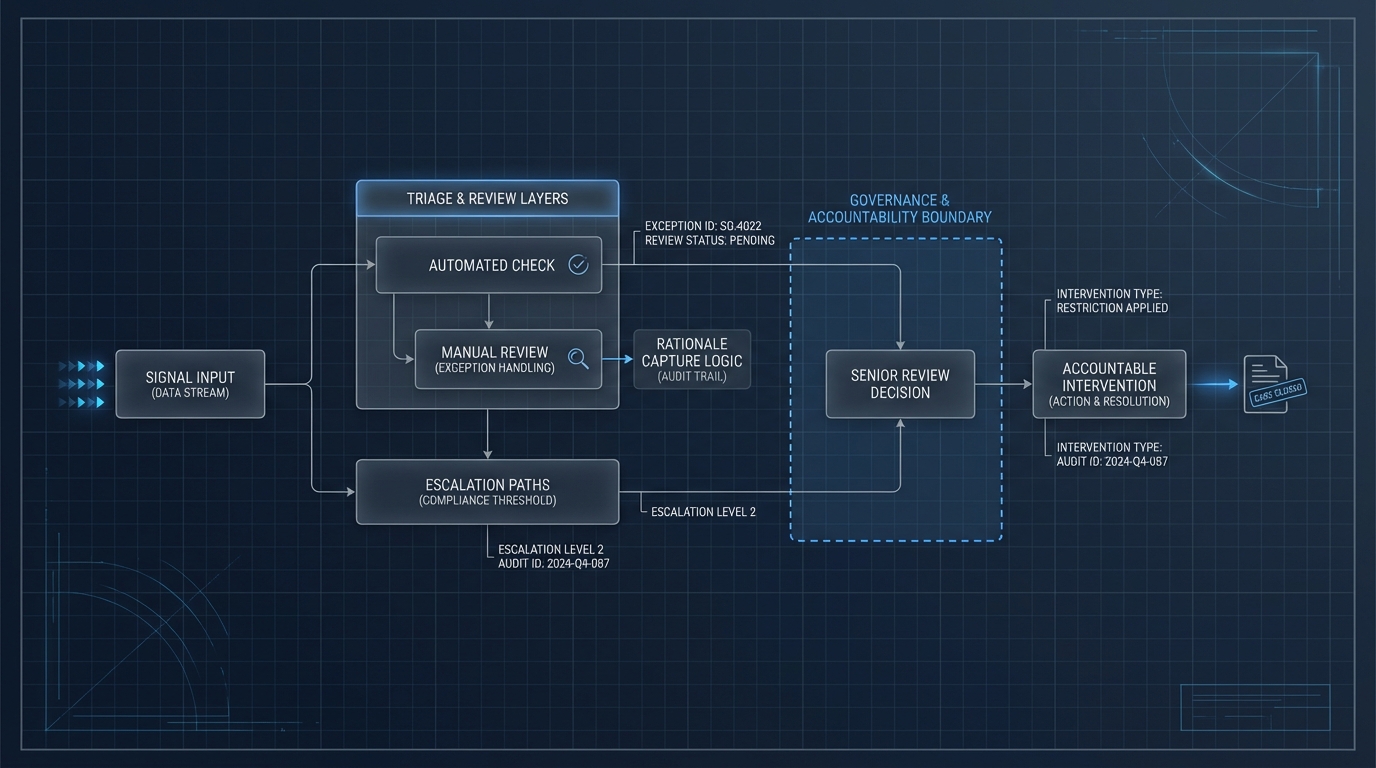 Technical illustration showing safer-gambling review and escalation paths.
