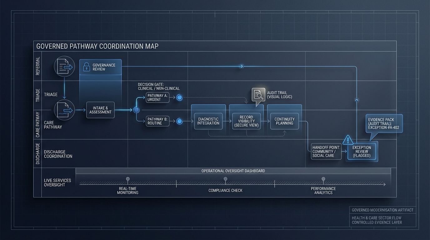 Technical illustration showing health and care pathway coordination.