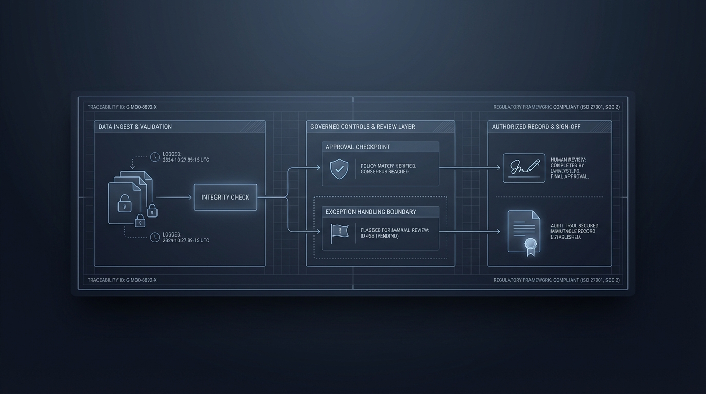 Governed workflow platform showing review checkpoints, approval surfaces, and controlled operational oversight.